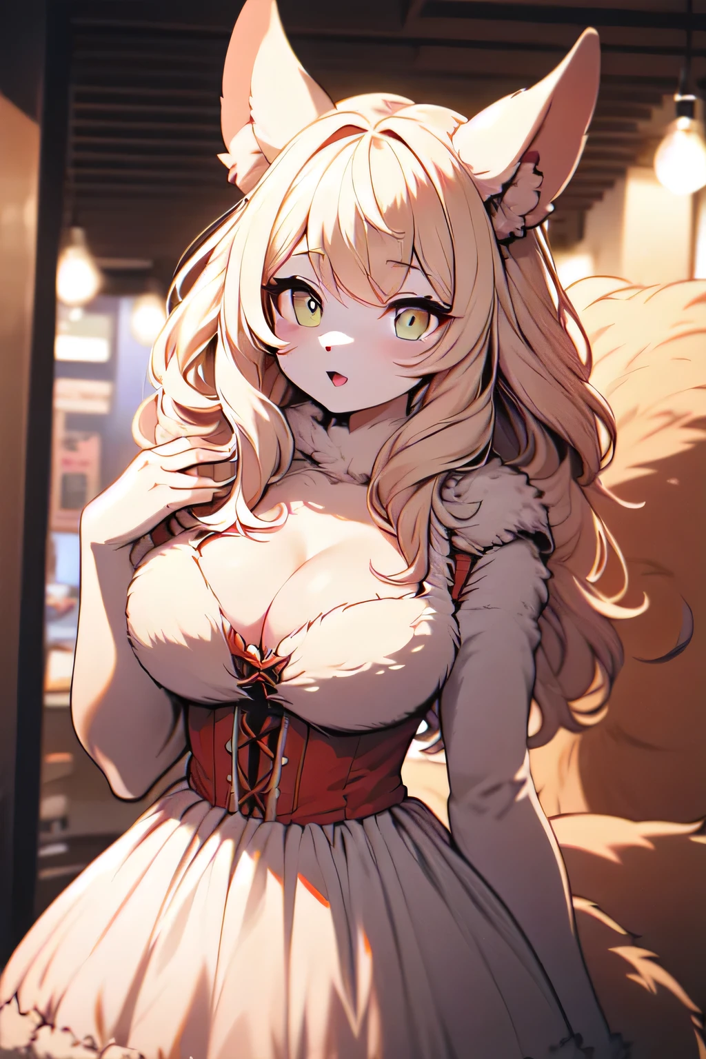 hairy, Orange fur, two-toned fur, detail, Large Breasts,
frilly dress,Cleavage