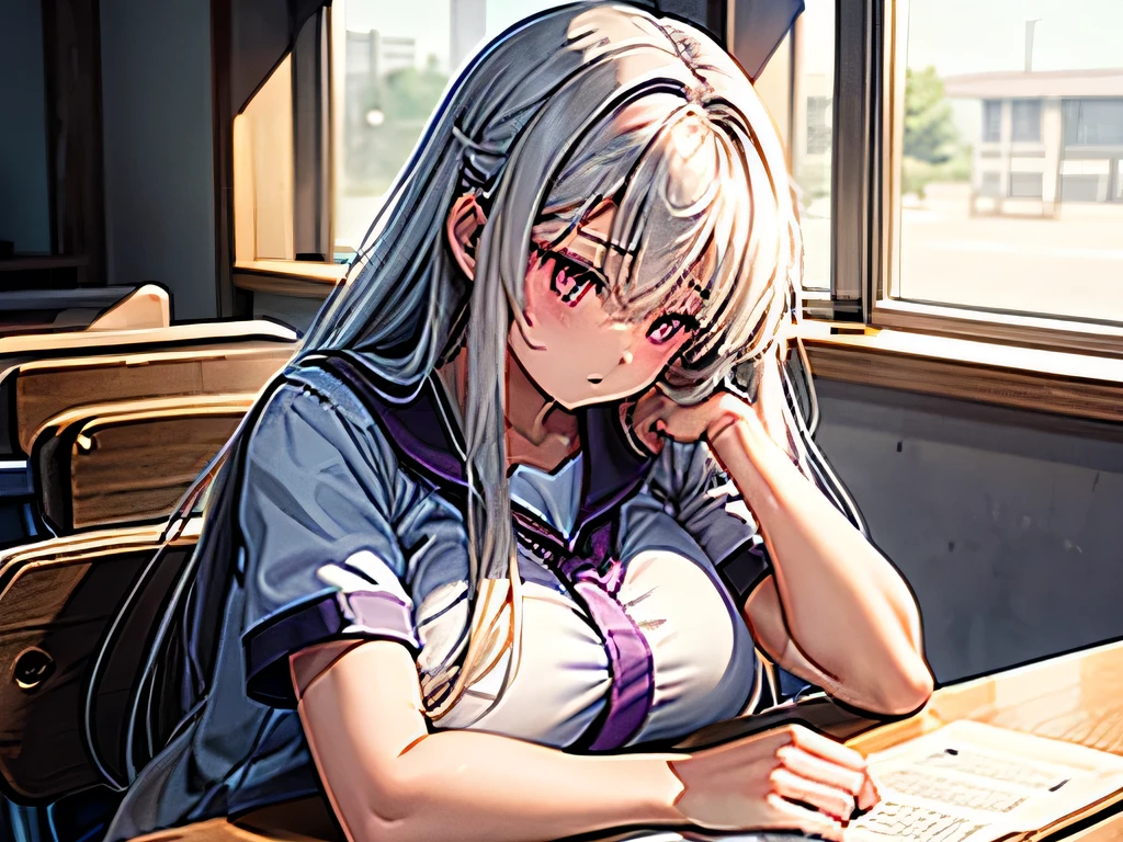 Fullbody image of an exhausted Japanese high school girl with long fluffy white hair, tired sharp glowing purple eyes, nicely shaped breasts, a muscularly lean and slim body with extremely defined forearms, wearing a uniform with short sleeves, showing her muscular forearms in school classroom. She is resting her head on a desk. She is muscularly lean