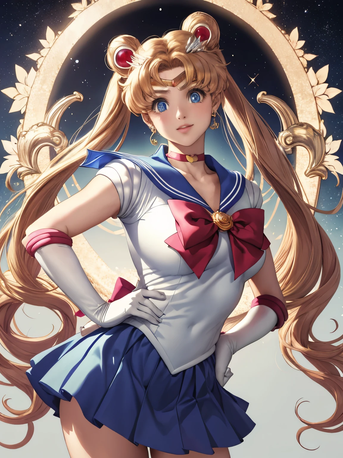 Charlie Bowater sketches realistic lithograph tsukino usagi's portraits, 1girl,solo, flowers, tiara, sailor senshi uniform, sailor collar, blue skirt, jewelry, hairpin, v, bow, hair_bun, brooch, hand on hip, gloves, earrings, magical girl ,, ribbon, , diesel punk,, Multicolored ribbons, old paper texture, very detailed,