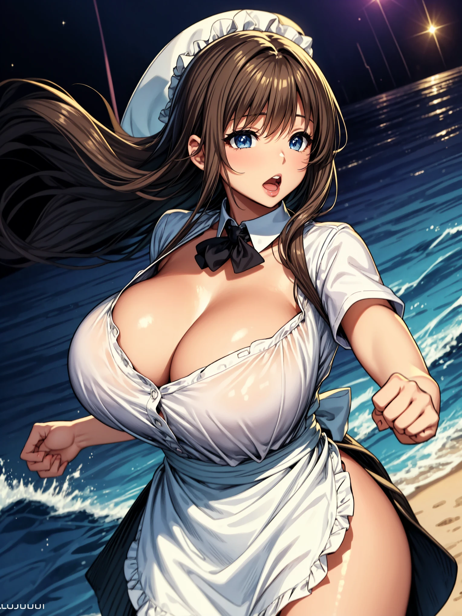 source_anime、highest quality、(solo:1.3)、White of the eyes、Suduni、mature、Curvaceous、Galaxy Skin、1 girl、bald、open mouth 、No ears、fist, fighting, Shiny white eyelasheedium breast、hud_wttress、Collared shirt、skirt、neckerchief、apron、Cleavage、on sea, in space, BREAK score_9、score_8_up、score_7_up、score_6_up、score_5_up、