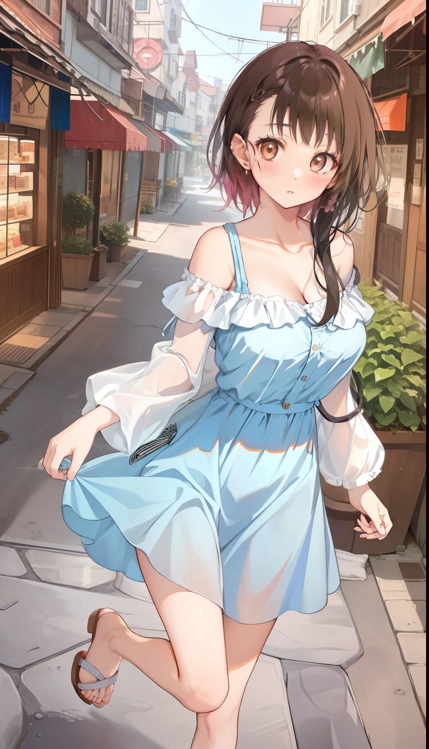 One Girl、positive、Standing posture、Full body portrait、Black Hair、Medium Haircut、blush、Absolute area、No panties、No bra、barefoot、Light blue dress、Off-the-shoulder dress、（Very large breasts）、Cleavage、((Lesbians around the world))、masterpiece、（highest quality） 、Shirt buttons fly off、Unbutton your shirt、Exposing the breasts、In town、Date、Shopping Street、White Sandals