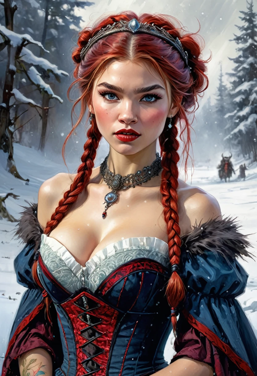 Vampire Zendaya is a Shot of Princess Anna, big breast, looking like Scary Vampire, ((vampire princess)), ((intricate)), Vampire teeth, headband, two red braids, bare shoulders, Norwegian dress, Norwegian corset, Norwegian skirt, revealing , Alluring,outdoors, snowy landscape, volumetric lighting, best quality, masterpiece, realistic, Alluring woman, Sketch Color Pencil Strokes, Full Body, Perfect Body, Embarrassed Expression, Soft Round Face, Emotional Eyes, Intricate Details, Hyper Detailed, Jean Baptiste Monge, Carne Griffiths, Michael Garmash, Seb Mckinnon, Jeremy Mann, vibrant colors,stunning visuals,ultra skin texsture,stable diffusion,perfect anatomy,crazy details,realistic lighting