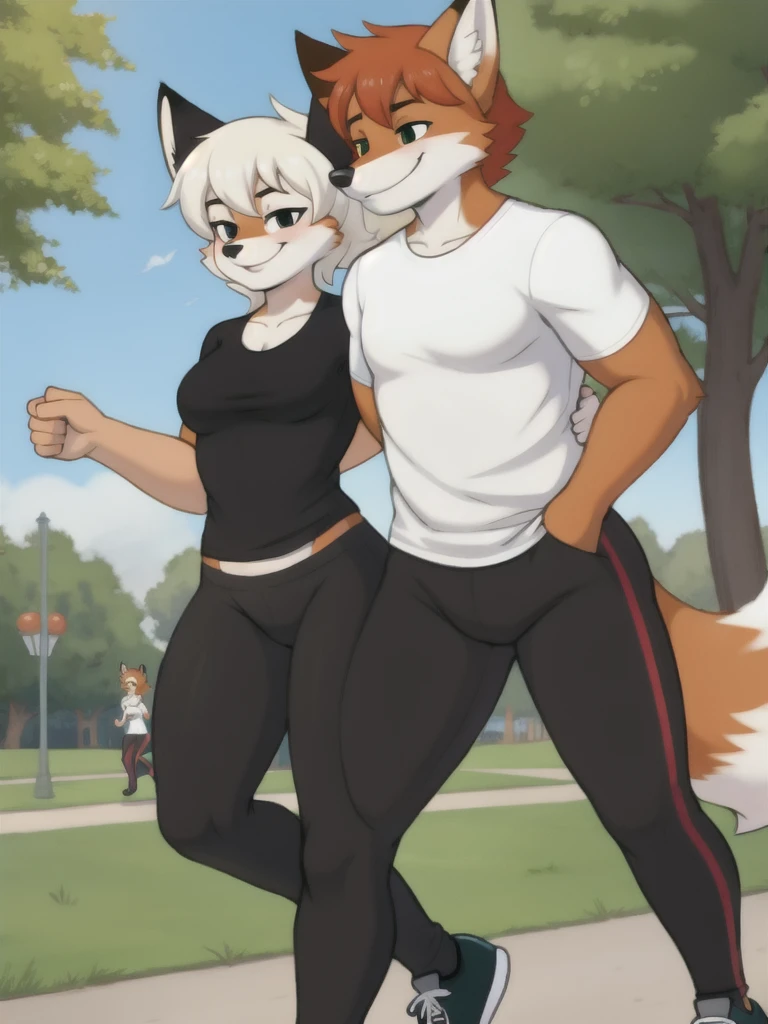 Furry, fox, smile, black leggings, white shirt, jogging with a partner, park, teen