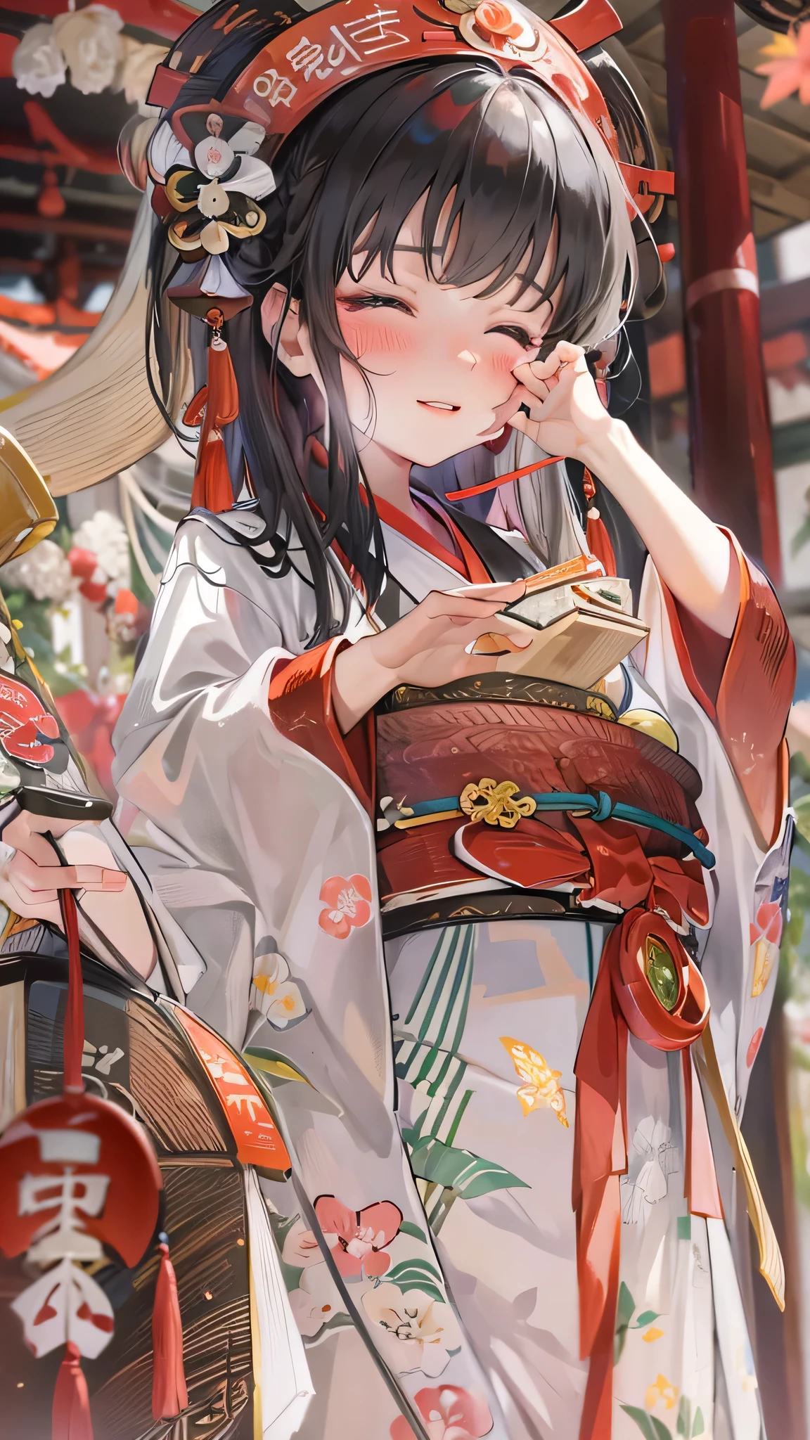 (crying face) (solo blunt bangs black hair long hair shrine maiden cute girl, sexy closed eyes, happy smile), (in a detailed shrine maiden clothes), BREAK, (in the Dazaifu Tenmangu Shrine), perfect anatomy, masterpiece, best quality, 16k, beautiful detailed grow, daydreaming expression.