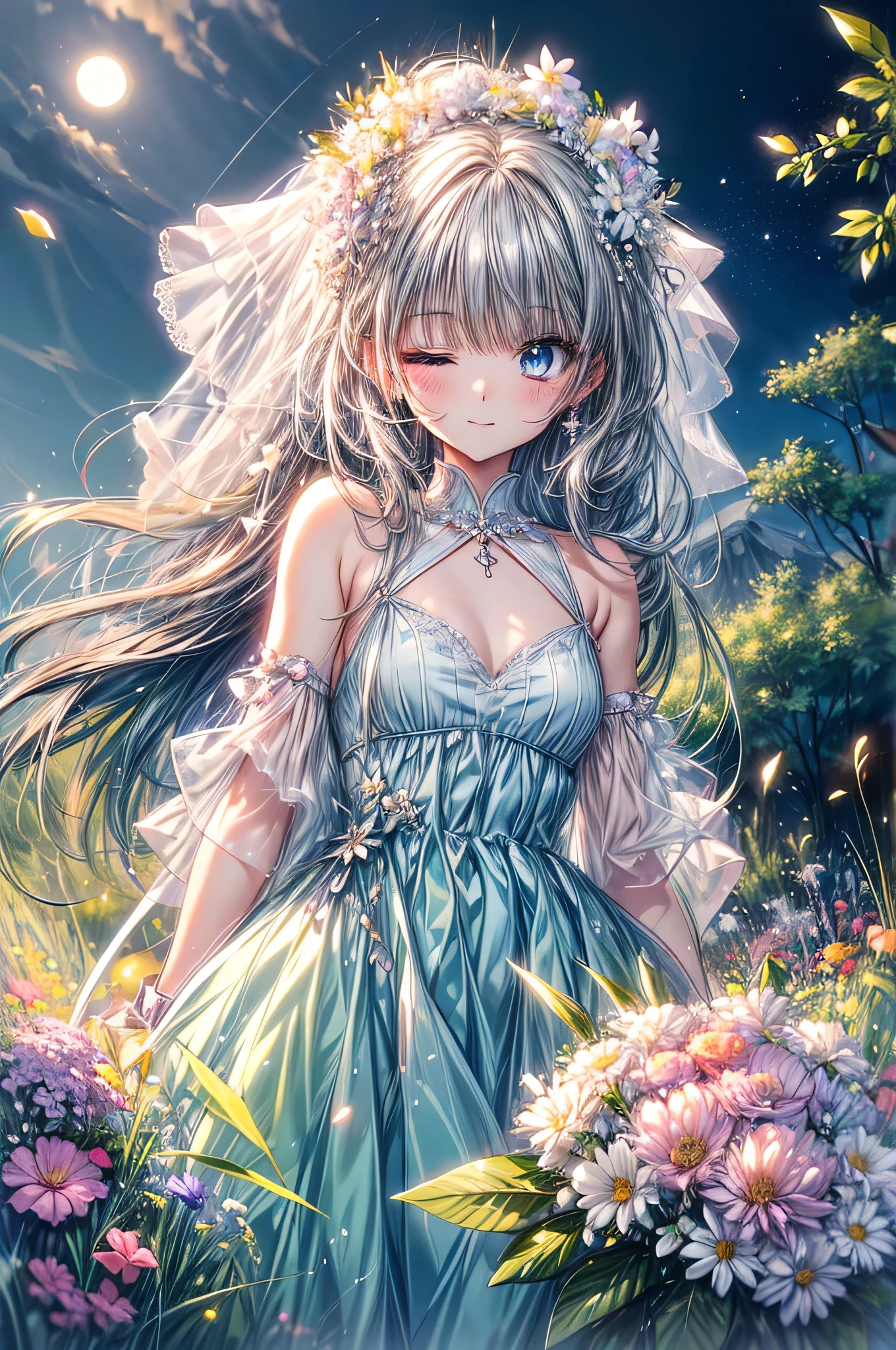 ((highest quality)), ((masterpiece)), (detailed), Perfect Face ,masterpiece, best quality, extremely detailed, anime, girl, blue eyes, silver hair, 8K, 4K,longhair,colorful,Wedding dress,small breast,expressive eyes,perfect face, moe, kawaii,cute,dress,eye focus, spectacular view, diamond shaped eyes, full body, Angel's wing,smile,flower garden, eyes closed, night, moon