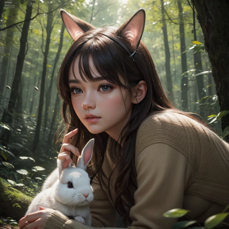 a girl playing with a bunny in a forest, beautiful detailed eyes, beautiful detailed lips, extremely detailed eyes and face, long eyelashes, woodland forest, sunlight, nature, cute bunny, peaceful, serene, (best quality,4k,8k,highres,masterpiece:1.2),ultra-detailed,(realistic,photorealistic,photo-realistic:1.37),studio lighting,ultra-fine painting,sharp focus,physically-based rendering,extreme detail description,professional,vivid colors,bokeh,digital painting