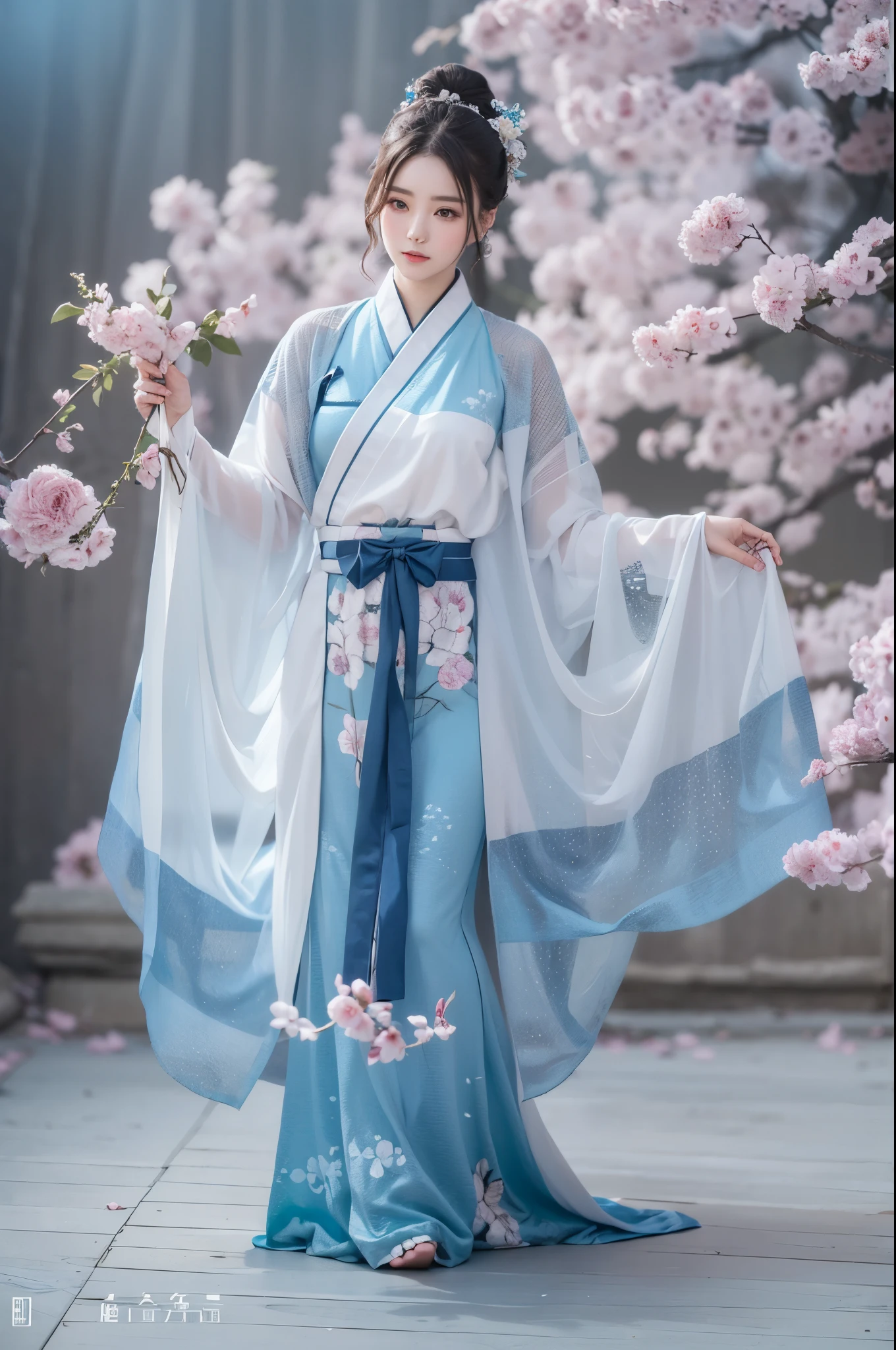 Best quality，masterpiece，Real photography，Official Art，Perfect girl，Professional photography，Photographic pose，Blue and white porcelain style Hanfu
