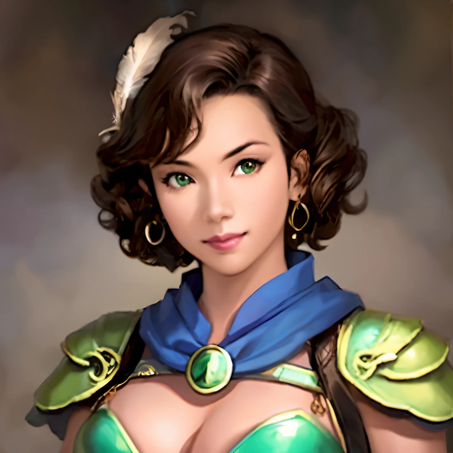 1girl:1.5, masterpiece, best quality, best detail, best proportion, best anatomy, best face, best shaped breasts, (sangokushi_nanman):2, upper body, face, leather armor, (ebony skin):1.2, green eyes, curly short hair, light brown hair, circlet, feather,