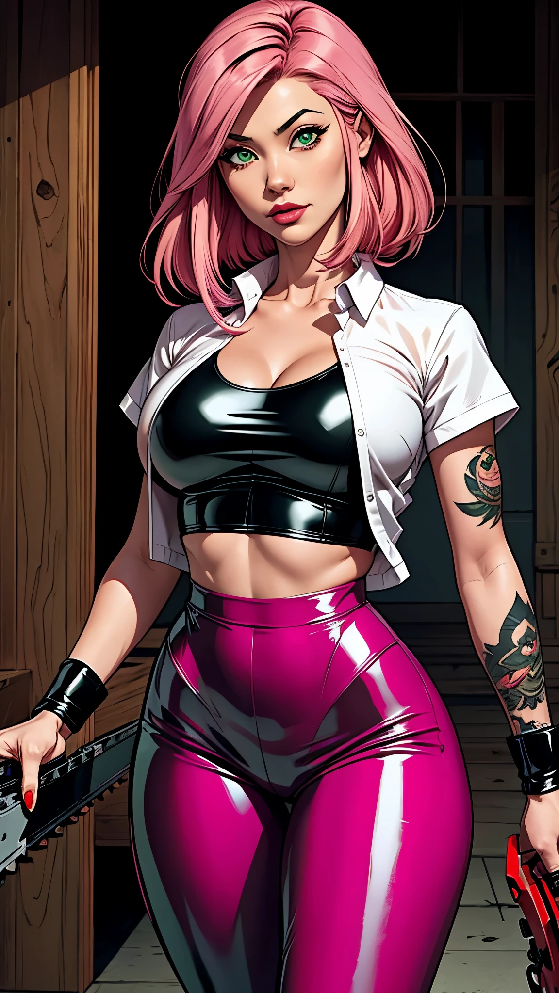 Asian girl, pink hair. Deep green eyes. black pants, a white top and a tattoo of rabbits on her arm. high-heeled boots. Busty. Comic style, marvel comics 