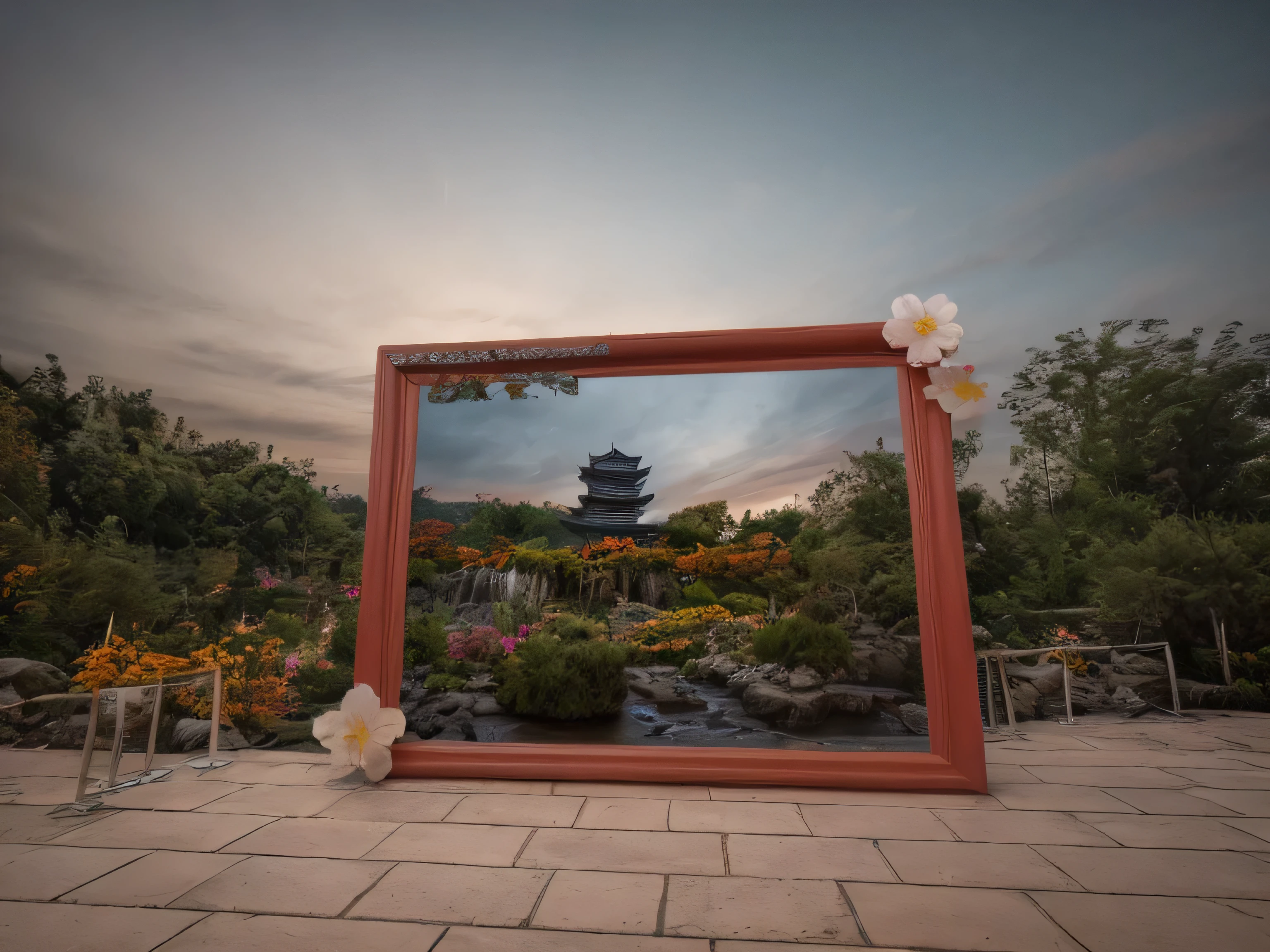 Landscape Photography,Night view,Couple,There is a pink frame,Frame Panorama,Couple sitting on the door frame,back,A pagoda in the background,Fall,Running Water,Flower Field, artistic masterpiece, With Flower Field in the foreground, wide angle shot, Low angle shot, Overlooking, huge pillars and flowers, square,Detailed Details,Master award-winning works,8k,RAW,Ultra-high-resolution photos