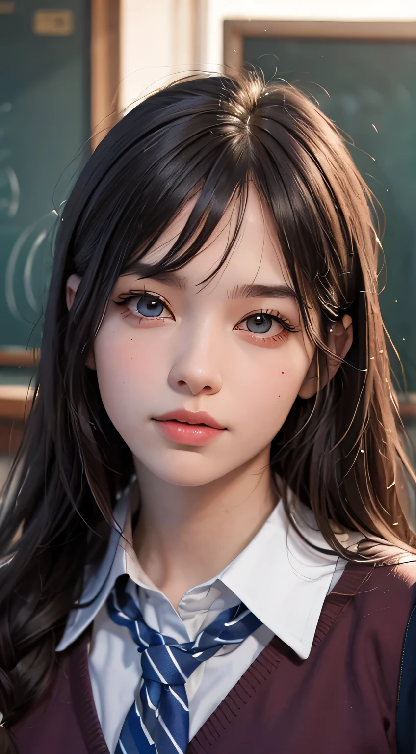 One girl, 15-year-old girl, (highest quality,4K,8k,High resolution,masterpiece:1.2), Super detailed, (Realistic,photoRealistic,photo-Realistic:1.37), (Beautiful fine details, Beautiful lip detail, Highly detailed eyes and face, Long eyelashes), Studio Lighting,Physically Based Rendering,Vibrant colors, (Realistic eyes, Big eyes ,:0.8), (Schoolgirl uniform:1.5),Portrait, Face facing the front,