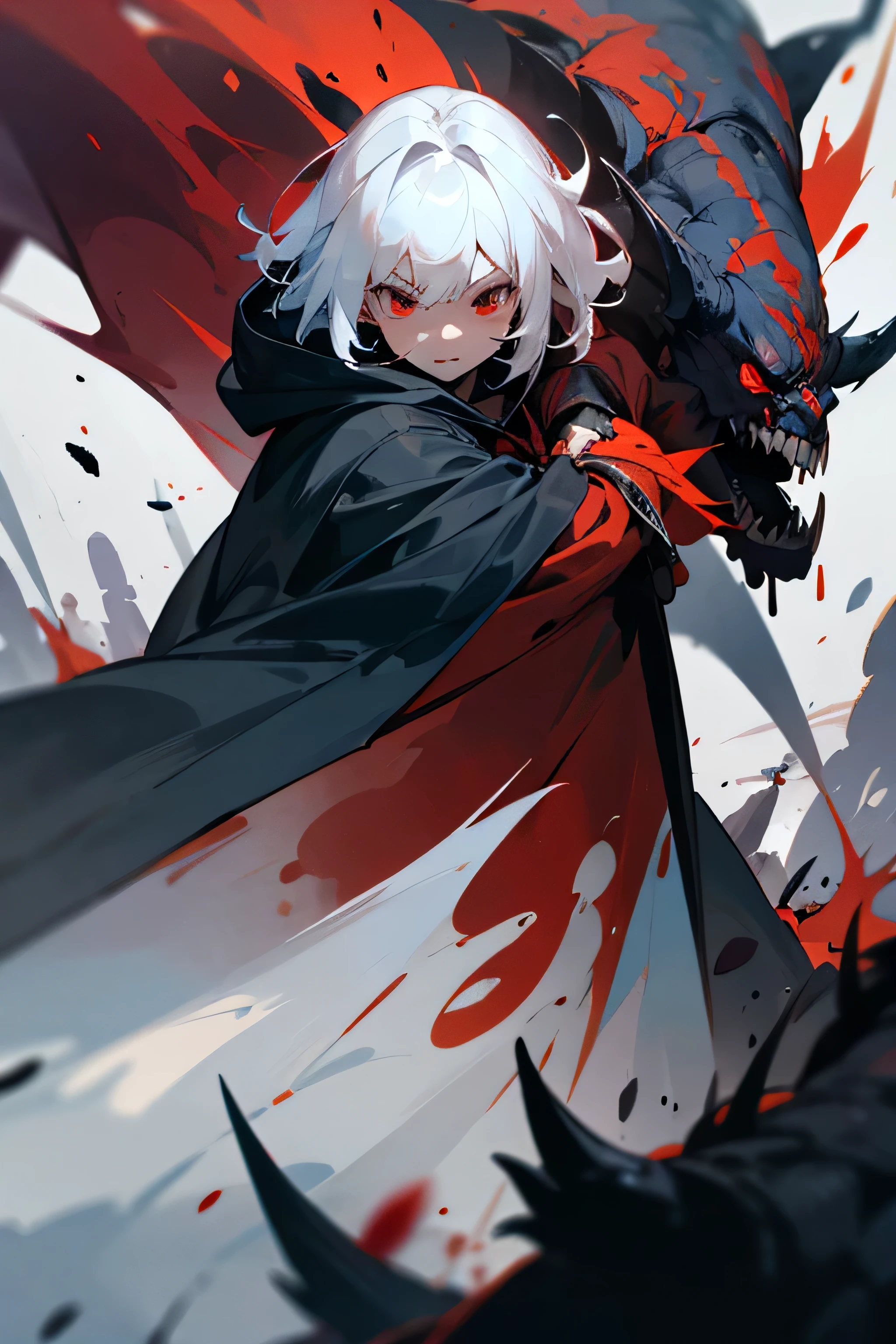 A front of a young man with short white hair, red eyes, masculine face. Wearing a black cloack with blue details. He is standing, looking to the side. On a center of a rpg scenario. Dungeons and Dragons art direction, studio ghibli Style