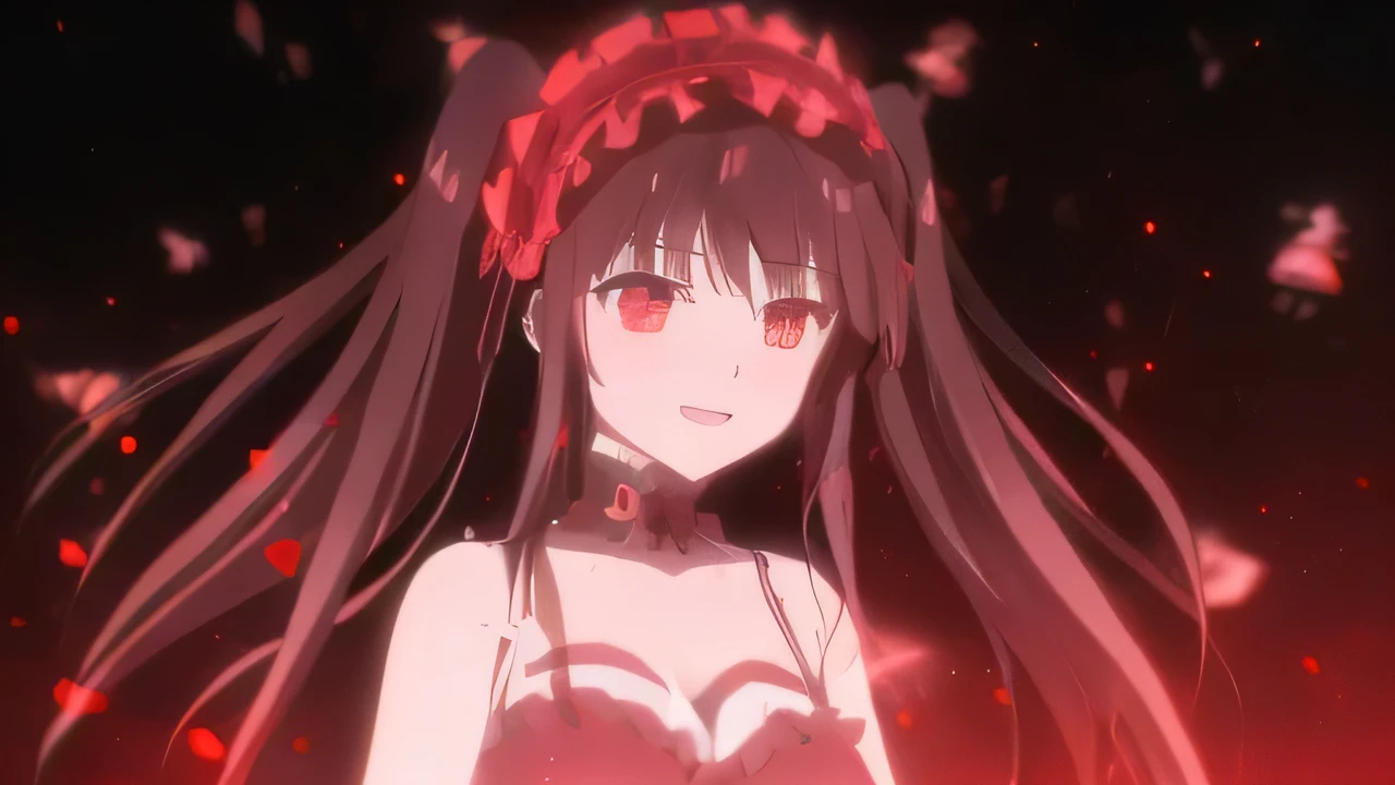 Anime girl with long hair and red dress in a dark room, Rin Tohsaka, Gapmoe Yandere Grimdark, Anime Moe Art Style, Bloodstained, Anime movie screenshots, Another close-up of Iwakura, Rorish, Screenshot of gore anime, gapmoe yandere, Cute girl anime visuals, iwakura lain