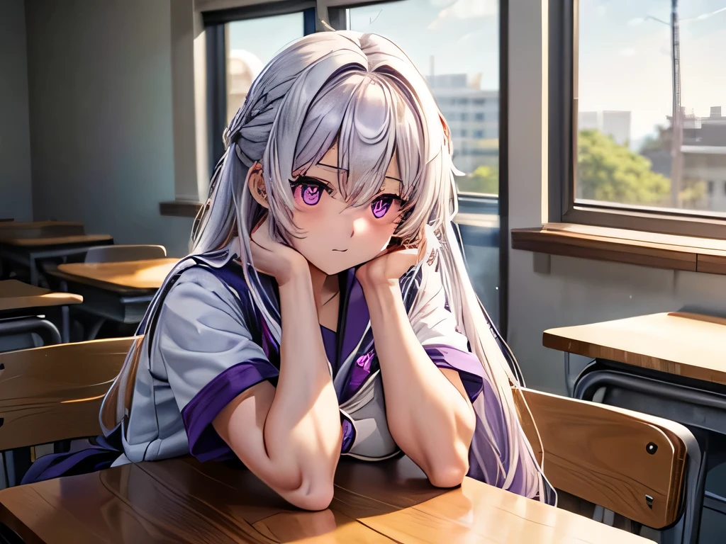 An exhausted Japanese high school girl with long fluffy white hair, tired sharp glowing purple eyes, a muscularly lean and slim body with extremely defined forearms, wearing a uniform with short sleeves, showing her muscular forearms in school classroom. She is resting her head on a desk. She is muscularly lean with huge forearms and strong pronators