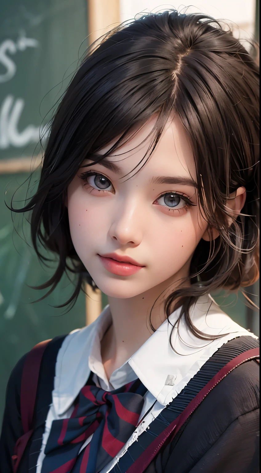 One girl, 15-year-old girl, (highest quality,4K,8k,High resolution,masterpiece:1.2), Super detailed, (Realistic,photoRealistic,photo-Realistic:1.37), (Beautiful fine details, Beautiful lip detail, Highly detailed eyes and face, Long eyelashes), Studio Lighting,Physically Based Rendering,Vibrant colors, (Realistic eyes, Big eyes ,:0.8), (Schoolgirl uniform:1.5),Portrait, Face facing the front, 