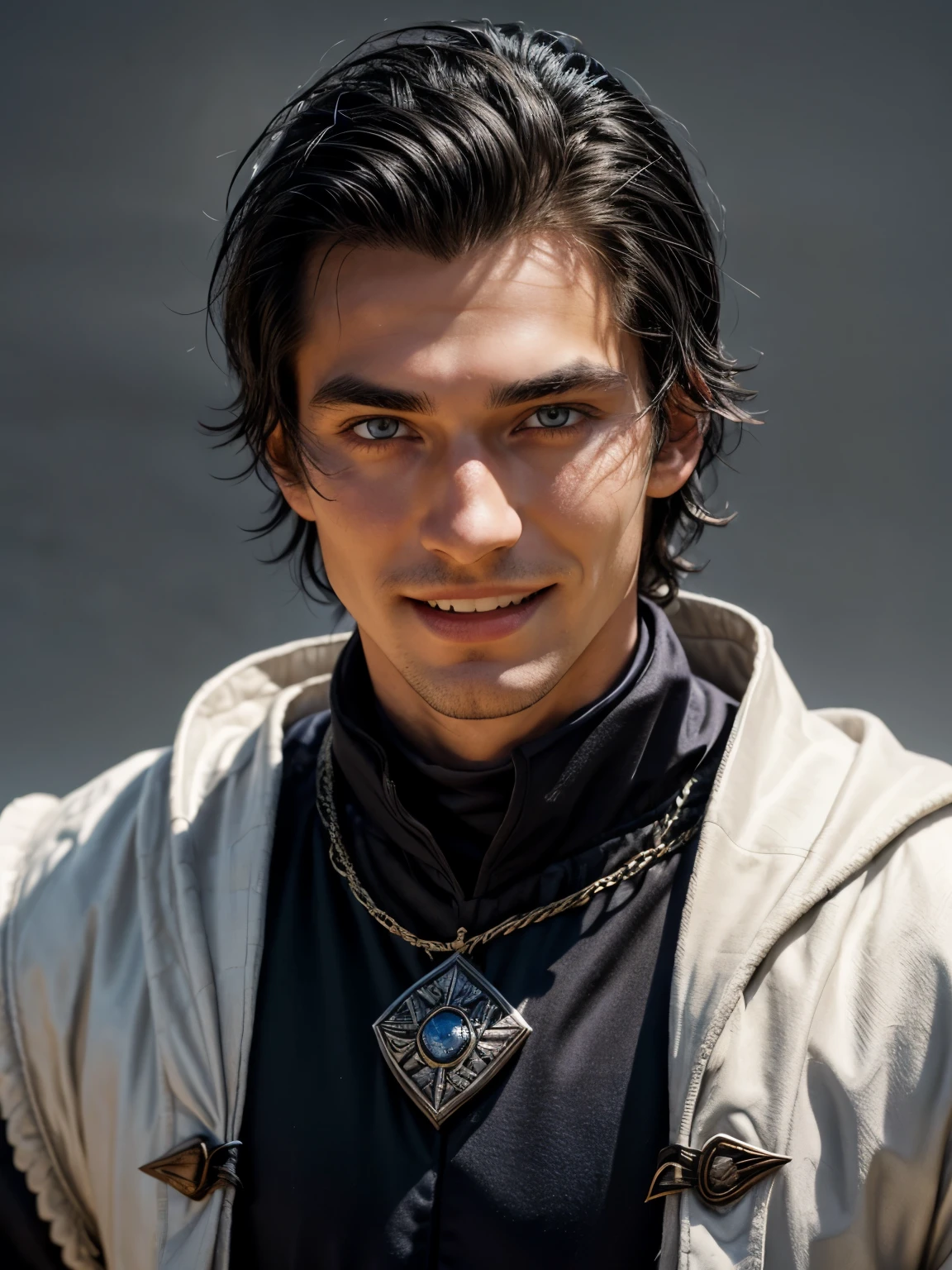 Portrait of a guy, 20 years, with black hair, Slavic appearance, bright skin, V-shaped face, thick black eyebrows, thin face, mocking facial expression, grin, eyes slightly squinted, bright blue eye color, Clean-shaven, ((no beard)), thin lips, height 180cm, young, fantasy style, Dressed in medieval marching clothes, cloak on shoulders, close-up, with out background, grey background, stands half sideways and looks at the camera,