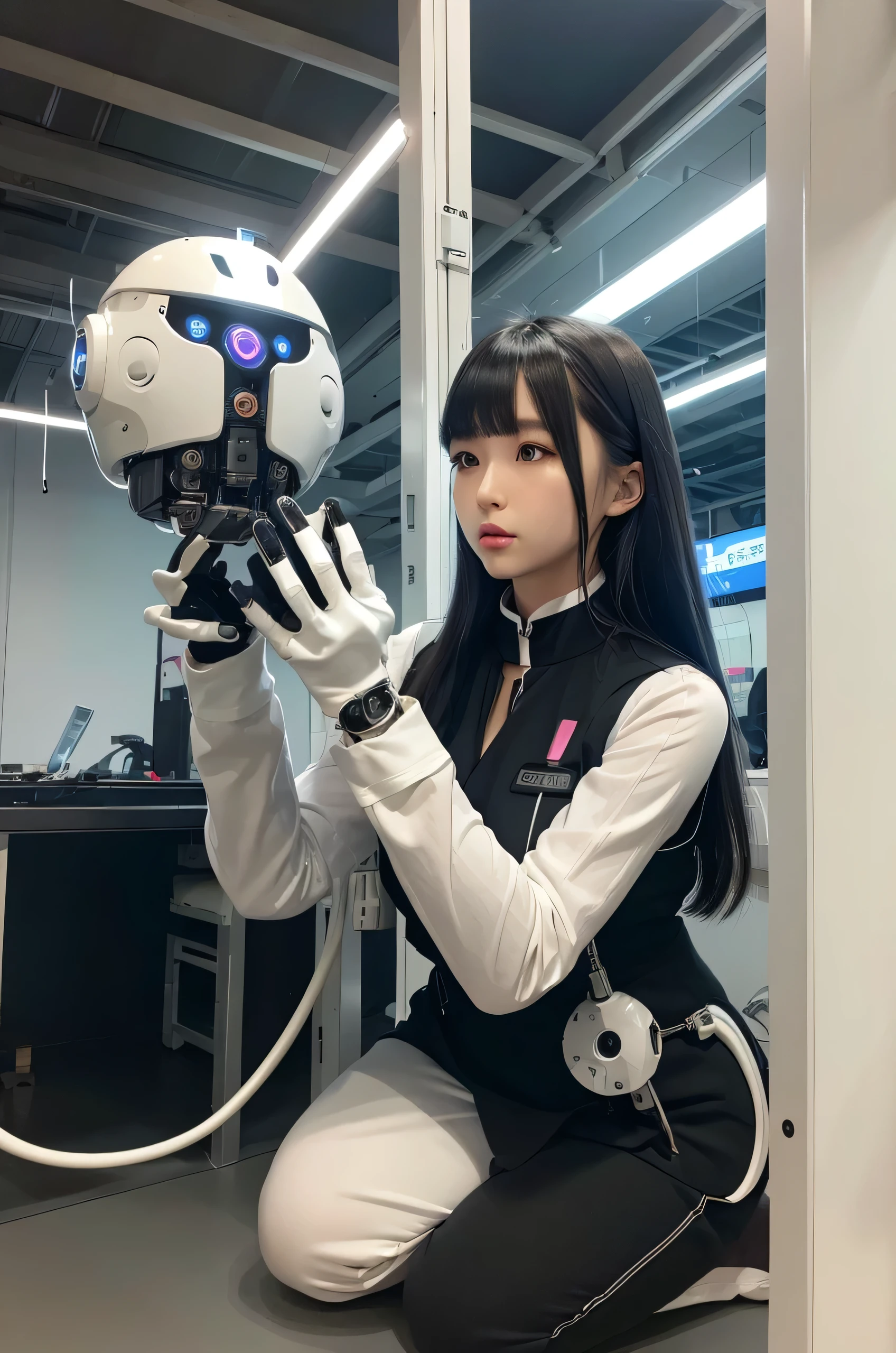 masterpiece, best quality, extremely detailed, Japaese Cyborg Girl,Plump , White boots,control panels,android,Droid,Mechanical Hand, ,clothes with a sense of mechanical technology, Robot arms and legs, Black Robot Parts,Black hair,Mechanical body,dress shirt,long vest,Blunt bangs,White abdomen,White robotics parts,perfect robot woman,future laboratory,cyber pank,charging spot,laboratory,long tube,thick cable connected her neck,kneel on the floor,bowing,ceramic body ,mechanical body,blue eyes,android,robot humanoid
