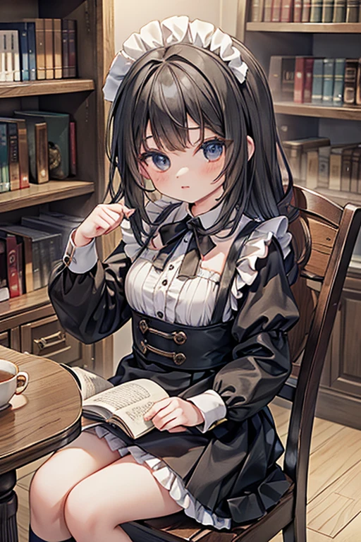 masterpiece, highest quality, Very detailed, 16k, Ultra-high resolution, Cowboy Shot, Detailed face, Perfect Fingers, A 14-year-old girl, black eye, Black Hair, Wavy Hair, Black maid outfit, Luxurious Western-style building, Bookshelf, Table seating, Chair, Tea making facilities, Chairに座って本を読む, des3rt4rmor