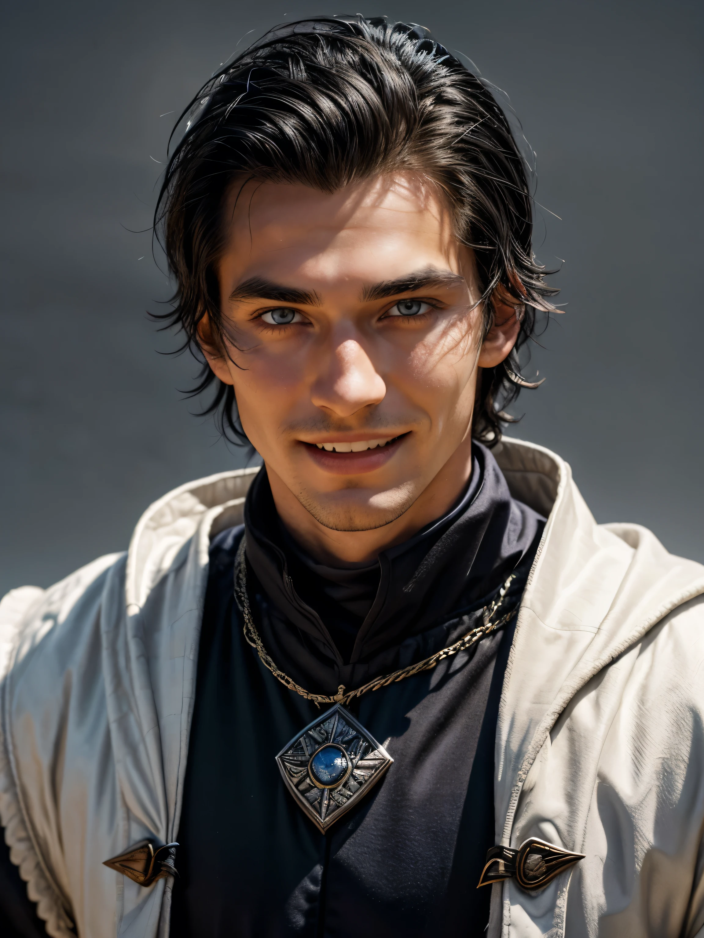 Portrait of a guy, 20 years, with black hair, Slavic appearance, bright skin, V-shaped face, thick black eyebrows, thin face, mocking facial expression, grin, eyes slightly squinted, bright blue eye color, Clean-shaven, ((no beard)), thin lips, height 180cm, young, fantasy style, Dressed in medieval marching clothes, cloak on shoulders, close-up, with out background, grey background, stands half sideways and looks at the camera,