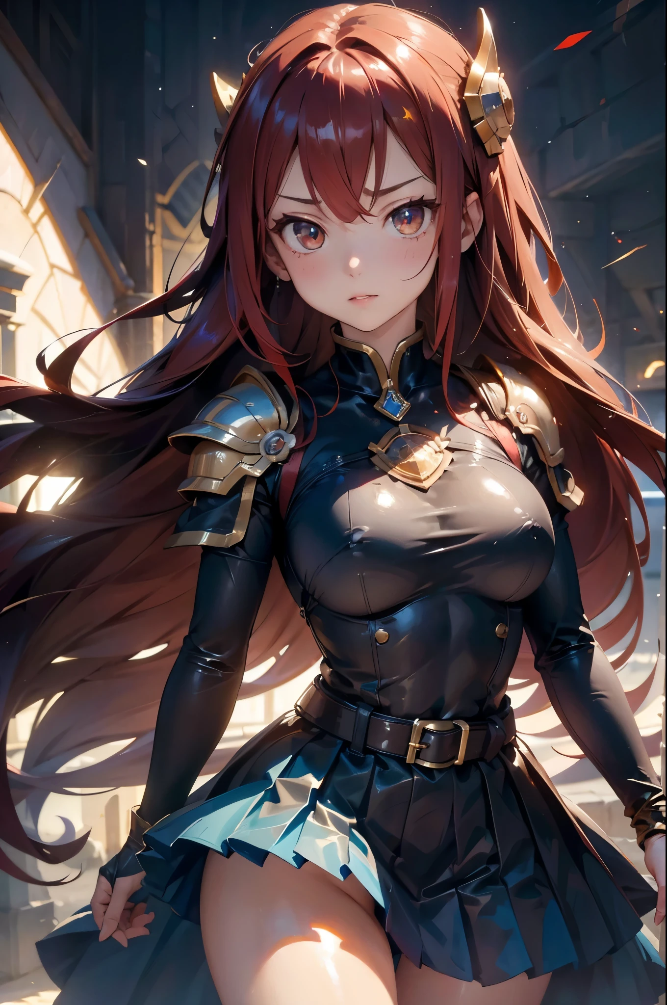 （（（完美number，number，Solitary， （（（armor, shoulder armor, Gloves, Breastplate, armored dress, belt, Pleated Skirt, Blue skirt,  ））），（（（Fairy Tail, long hair, Red hair, Brown eyes, Hair covering one eye））），((masterpiece)),high resolution, ((Best quality at best))，masterpiece，quality，Best quality，（（（ Exquisite facial features，looking at the audience,There is light in the eyes，(（（Ha ha，confidence））)，））），型number:1.7））），（（（light and shadow，Huge breasts））），（（（Looking at the camera，black background，）））