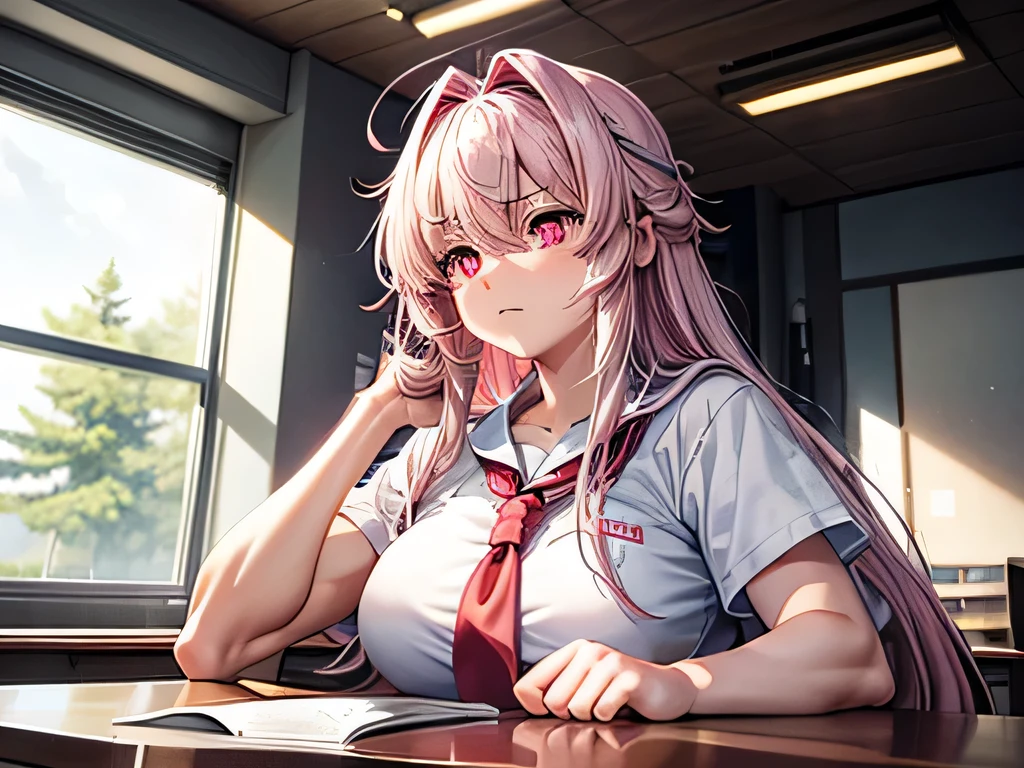 An exhausted Japanese high school girl with long fluffy white hair, tired sharp glowing pink eyes with dark circles underneath, a muscularly lean and slim body with extremely defined forearms, wearing a uniform with short sleeves, showing her muscular forearms in school classroom. She is resting her head on a desk. She is muscularly lean with huge forearms and strong pronators