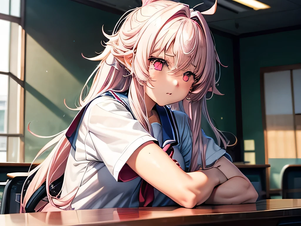 An exhausted Japanese high school girl with long fluffy white hair, tired sharp glowing pink eyes with dark circles underneath, a muscularly lean and slim body with extremely defined forearms, wearing a uniform with short sleeves, showing her muscular forearms in school classroom. She is resting her head on a desk. She is muscularly lean with huge forearms and strong pronators