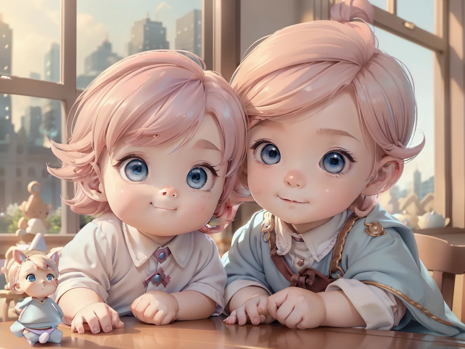 masterpiece, top-quality, 1other, ((Male child)), Gamine, different color, finely eye and detailed face, intricate detailes, Wizarding World Costumes, Baby clothes, Inside the coffee shop, Play with the chin of the table, A smile, Happiness, tenderness, youthfulness, high-level image quality、 Adonis、Short stature、window、𝓡𝓸𝓶𝓪𝓷𝓽𝓲𝓬、Englishman, k pop, Professional Photos, ((Vampires)), inspired by Sim Sa-jeong, androgynous vampire, :9 detailed face: 8, extra detailed face, detailed punk hair, ((Light blue eyes)) baggy eyes, Highly detailed, semi realistic anime, Vampires, hyperrealistic teen, delicate androgynous prince, imvu, short hair above the ears, Boy with a gentle smile, ((Little British boy with short blonde hair and light blue eyes)), ((1old-boy)), ((1 persons)), ((Baby Hands)), ((Girls with pretty long pink hair))