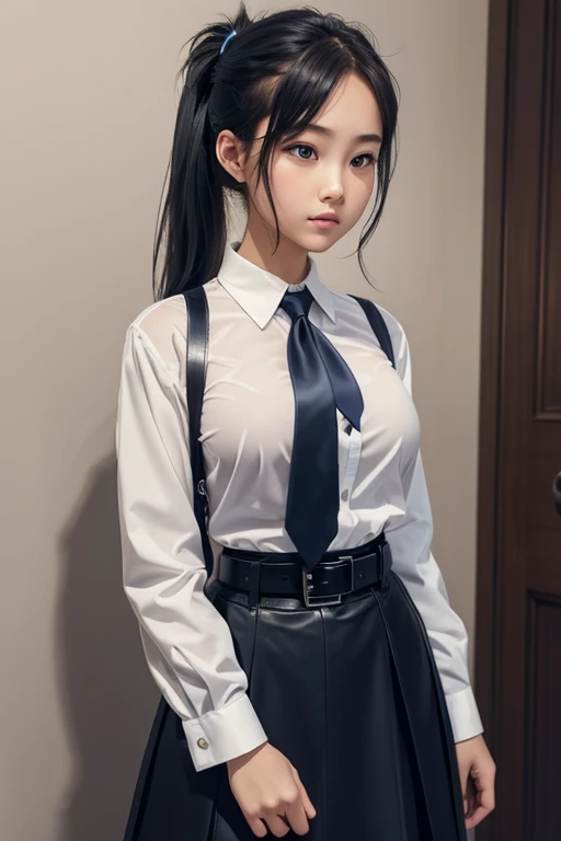Young girl with big breasts Wear a white shirt. There is a name tag on the left chest. Tie a dark blue necktie Wear a dark blue petal skirt. Wear a black leather belt with a silver buckle. Tie your hair into a ponytail and tie it with a white bow.