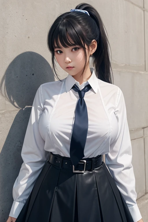 Young girl with big breasts Wear a white shirt. There is a name tag on the left chest. Tie a dark blue necktie Wear a dark blue petal skirt. Wear a black leather belt with a silver buckle. Tie your hair into a ponytail and tie it with a white bow.
