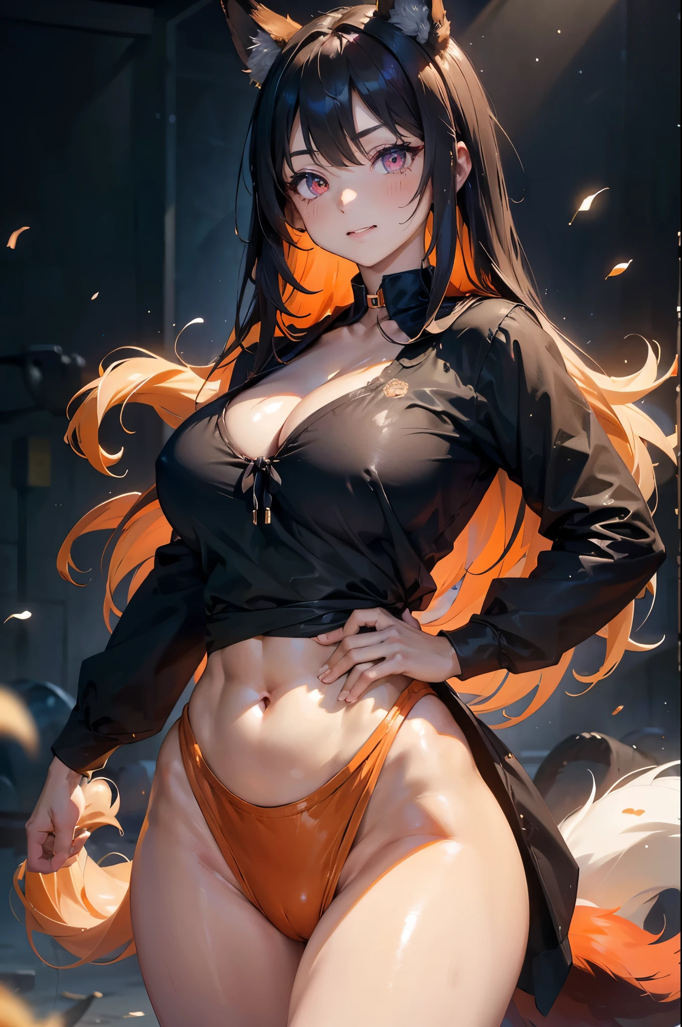 （（（完美number，number，（（（Solitary,White skin，Kurama,Kurama, Abdominal muscles, Red Eyes, Animal ears, Body hair, Colored sclera, fox ears, fox girl, fox Tail, hairy, hairy female, fox, multiple Tails, muscular,  Orange fur,  Tail,  （（（Hinata\(Poruto\),Purple Hoodie,Brown pants,Black shirt, apron））），））），（（（Hinata\(Poruto\),,(((Black long hair))), blue eyes,Bangs））），((masterpiece)),high resolution, ((Best quality at best))，masterpiece，quality，Best quality，（（（ Exquisite facial features，looking at the audience,There is light in the eyes，(（（pain, patience, Biting your lips））)，））），型number:1.7））），（（（light and shadow，Huge breasts））），（（（Looking at the camera，black background，）））