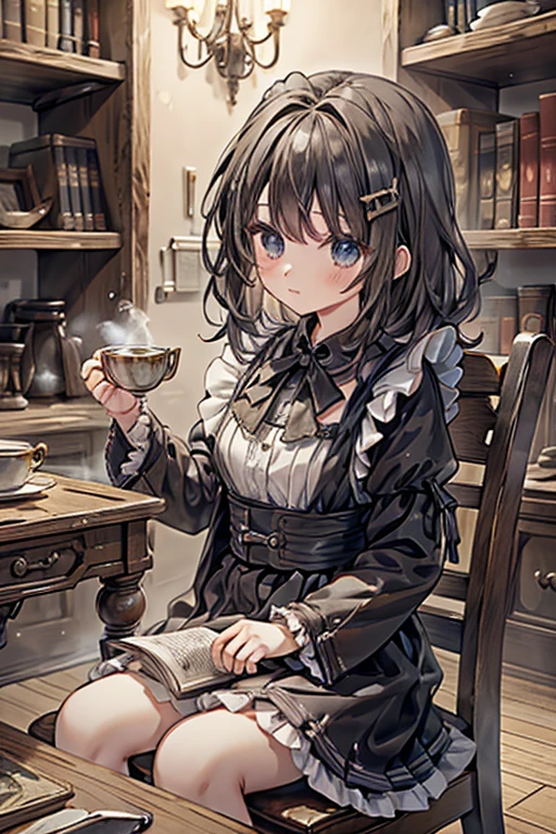 masterpiece, highest quality, Very detailed, 16k, Ultra-high resolution, Cowboy Shot, Detailed face, Perfect Fingers, A 14-year-old girl, black eye, Black Hair, Wavy Hair, Black maid outfit, Luxurious Western-style building, Bookshelf, Table seating, Chair, Tea making facilities, Chairに座って本を読む, des3rt4rmor
