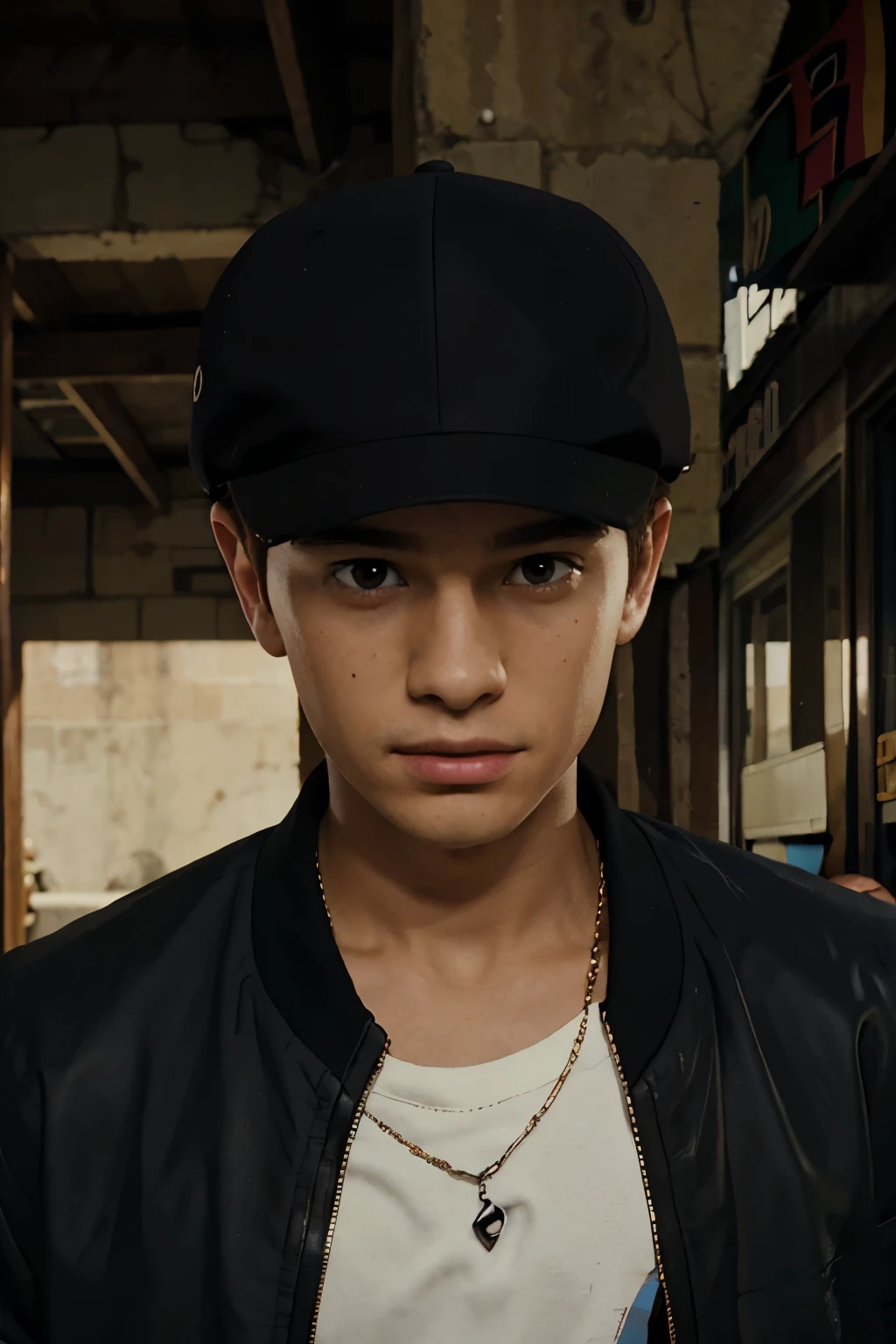 the face of a naughty teenage boy wearing a tilted hat on his head and a black jacket in a 2-dimensional style