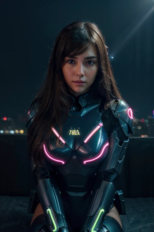 masterpiece,  最high quality, , (alone), 1 girl, look up, dim light, , horizon_(apex legend), goggles, blue eyes, brown hair, gauntlet, shoulder armor,  (Mecha Helmet), (science_fiction), outdoor, street, neon light, cyber punk, masterpiece, 最high quality, high quality, High resolution, (((Portrait)))