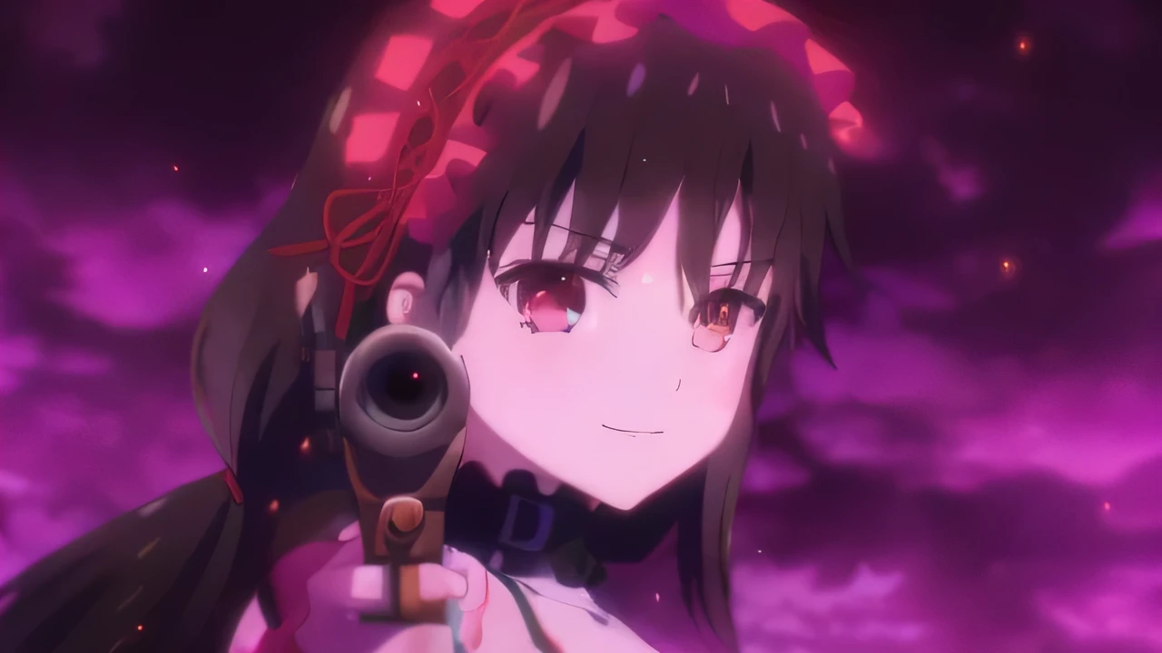 Anime girl holding a gun in front of a purple background, Rin Tohsaka, hanayamata, Anime movie screenshots, Screenshots from the 2012 anime, Gapmoe Yandere Grimdark, Tear from Overlord, Another close-up of Iwakura, Cute girl anime visuals, Bloodstained