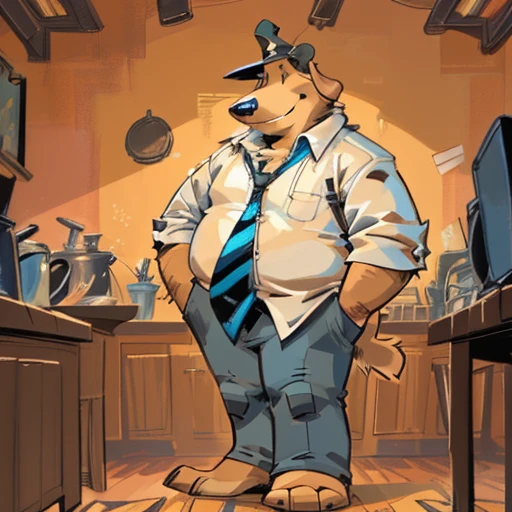 Solo male, sam, dog, tall, stocky body, slightly chubby, mature, long droopy dog ears, black eyes, brown fur, blue grey pants, ((wearing shoulder holster)), blue grey hat, blue and black striped necktie, (by dramamine, by haps), (hi res, best quality, high quality, detailed, shaded, shading, masterpiece:1.2), detailed clothing, smirk, seductive smile, (white Open shirt:1.5), (necktie removed),holding coffee mug, sitting in office chair