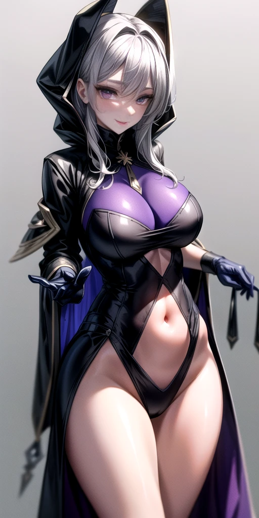 (Triplets)(chest covered)(smile)Gray skin, pale golden hair and violet eyes. They prefer clothing of white and silver with cloaks of deep blue or purple,village background, huge_knockers, ((very precise detailed)), ((highres)