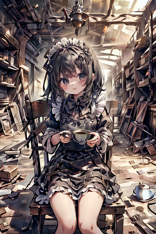 masterpiece, highest quality, Very detailed, 16k, Ultra-high resolution, Cowboy Shot, Detailed face, Perfect Fingers, A , black eye, Black Hair, Wavy Hair, Black maid outfit, Luxurious Western-style building, Bookshelf, Table seating, Chair, Tea making facilities, Chairに座って本を読む, des3rt4rmor