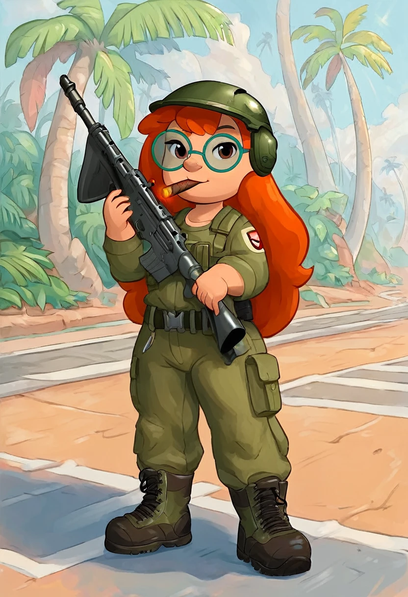 rating_safe, Mertle_Edmonds, curvy orange hair, long hair, round green glasses, 1girl, solo, Advanced Combat Helmet, combat fatigues, combat boots, holding rifle, cigar in mouth, full body, little_child, female_child, standing on the street, palm trees, looking at viewer, score_9, score_8_up, score_7_up, score_6_up, score_5_up, score_4_up