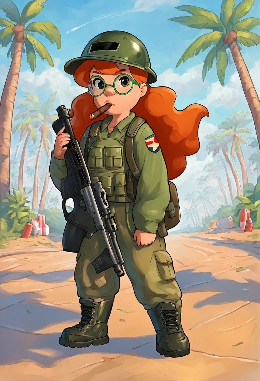 rating_safe, Mertle_Edmonds, curvy orange hair, long hair, round green glasses, 1girl, solo, Advanced Combat Helmet, combat fatigues, combat boots, holding rifle, cigar in mouth, full body, little_child, female_child, standing on the street, palm trees, looking at viewer, score_9, score_8_up, score_7_up, score_6_up, score_5_up, score_4_up