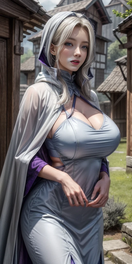 (Triplets)(chest covered)(smile)Gray skin, pale golden hair and violet eyes. They prefer clothing of white and silver with cloaks of deep blue or purple,village background, huge_knockers, ((very precise detailed)), ((highres)
