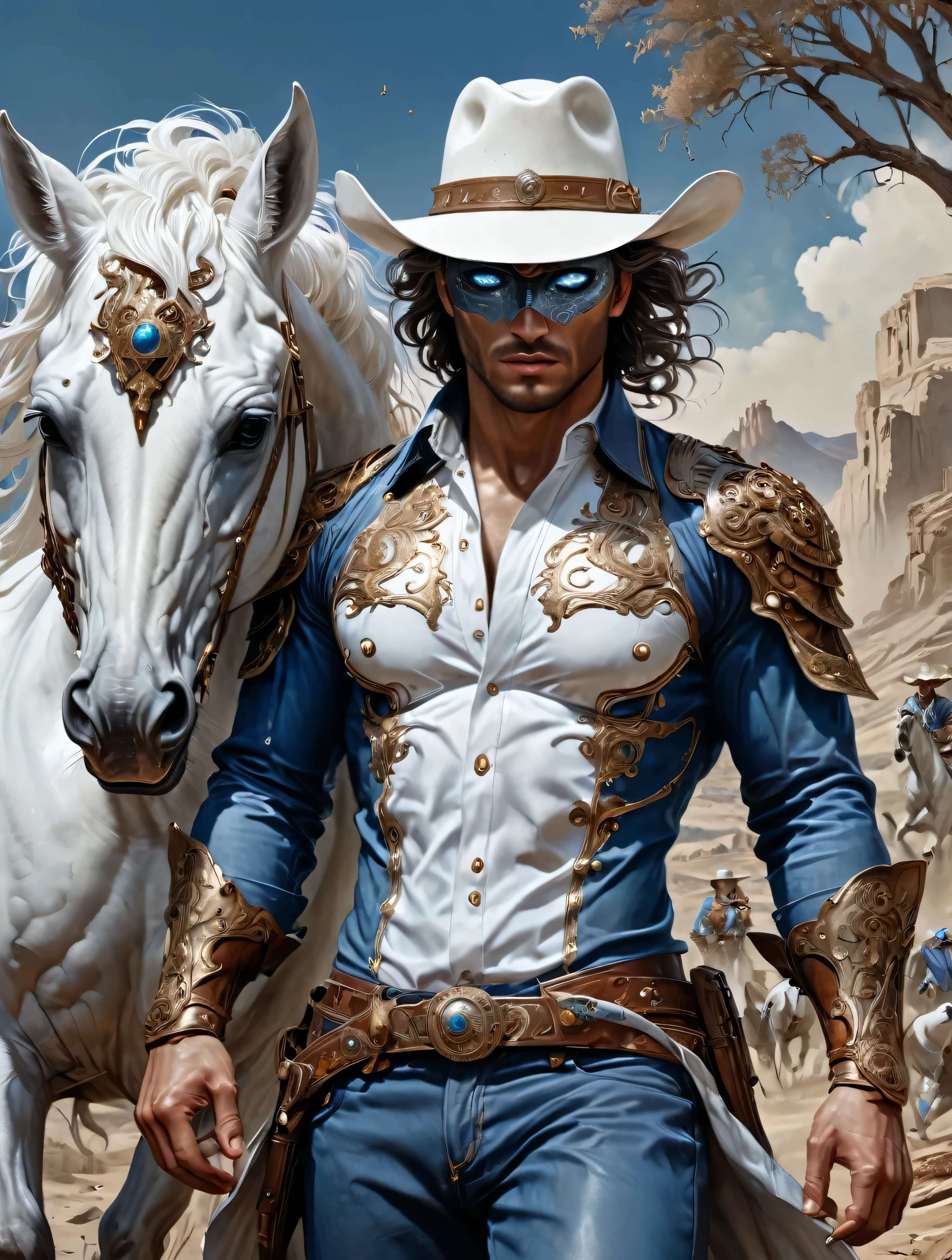 a caucasian Cowboy stuck in the Wild West, with hero mask over eyes, blue shirt, blue pants, white cowboy hat, White horse, masterpiece,kbak style,epic,8k,cinematic,trending on artstation and deviantart,ultra detailed