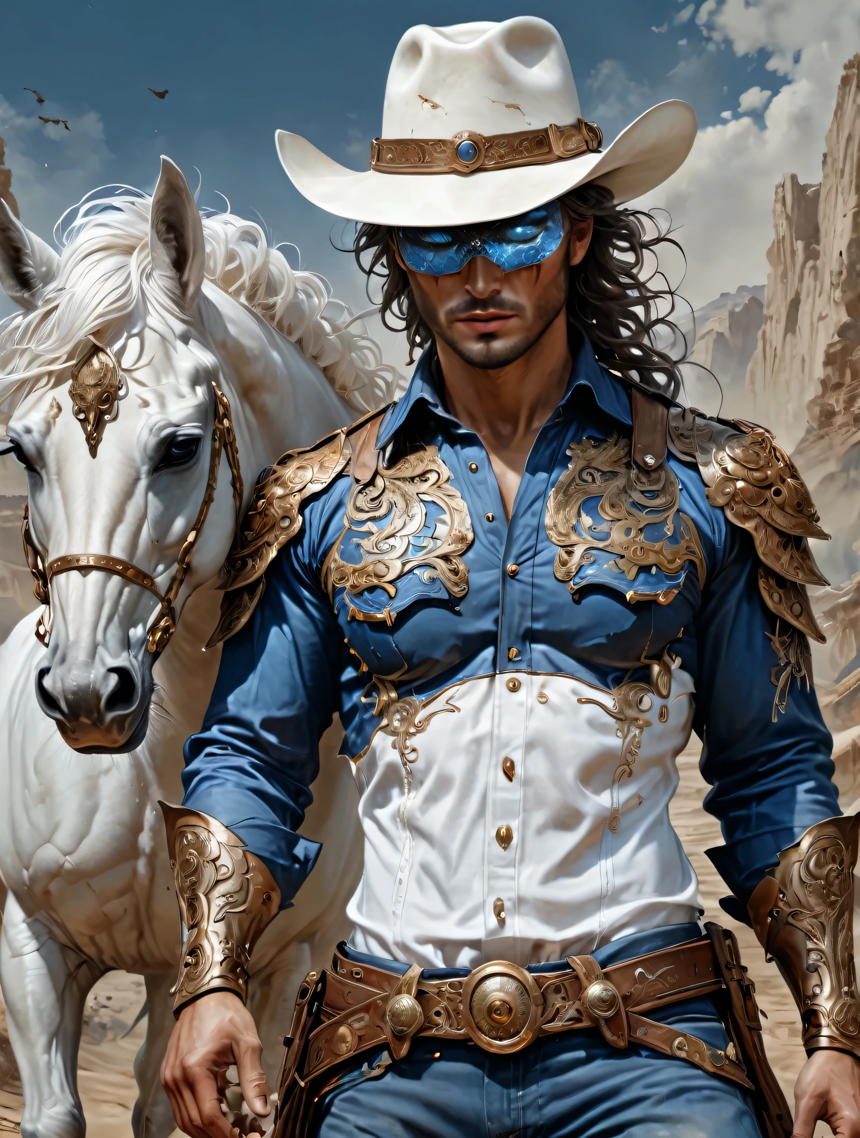 a caucasian Cowboy stuck in the Wild West, with hero mask over eyes, blue shirt, blue pants, white cowboy hat, White horse, masterpiece,kbak style,epic,8k,cinematic,trending on artstation and deviantart,ultra detailed