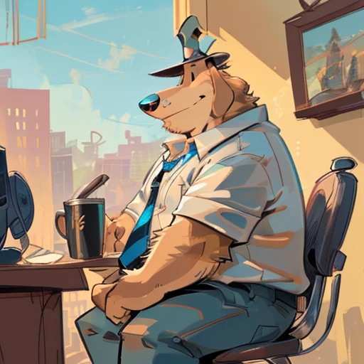 Solo male, sam, dog, tall, stocky body, slightly chubby, mature, long droopy dog ears, black eyes, brown fur, blue grey pants, ((wearing shoulder holster)), blue grey hat, blue and black striped necktie, (by dramamine, by haps), (hi res, best quality, high quality, detailed, shaded, shading, masterpiece:1.2), detailed clothing, smirk, seductive smile, (white Open shirt:1.5), (necktie removed),holding coffee mug, sitting in office chair