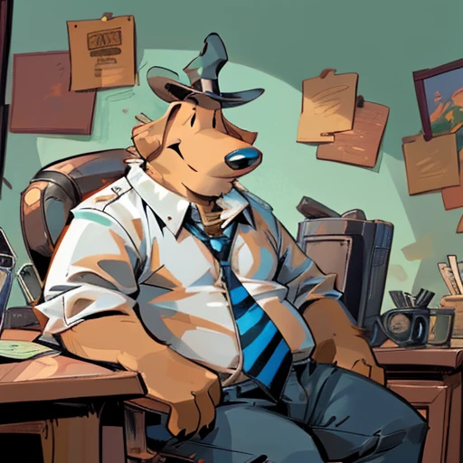 Solo male, sam, dog, tall, stocky body, slightly chubby, mature, long droopy dog ears, black eyes, brown fur, blue grey pants, ((wearing shoulder holster)), blue grey hat, blue and black striped necktie, (by dramamine, by haps), (hi res, best quality, high quality, detailed, shaded, shading, masterpiece:1.2), detailed clothing, smirk, seductive smile, (white Open shirt:1.5), (necktie removed),holding coffee mug, sitting in office chair