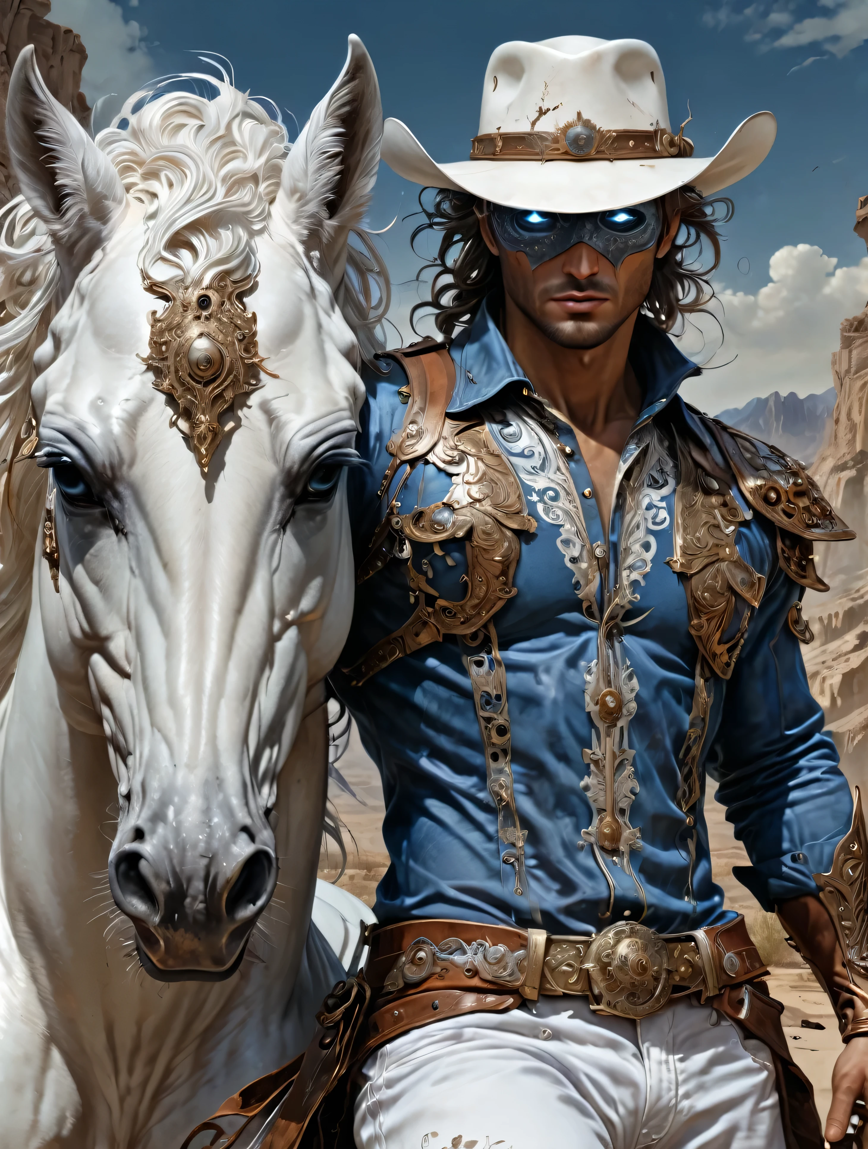 a caucasian Cowboy stuck in the Wild West, with hero mask over eyes, blue shirt, blue pants, white cowboy hat, White horse, masterpiece,kbak style,epic,8k,cinematic,trending on artstation and deviantart,ultra detailed