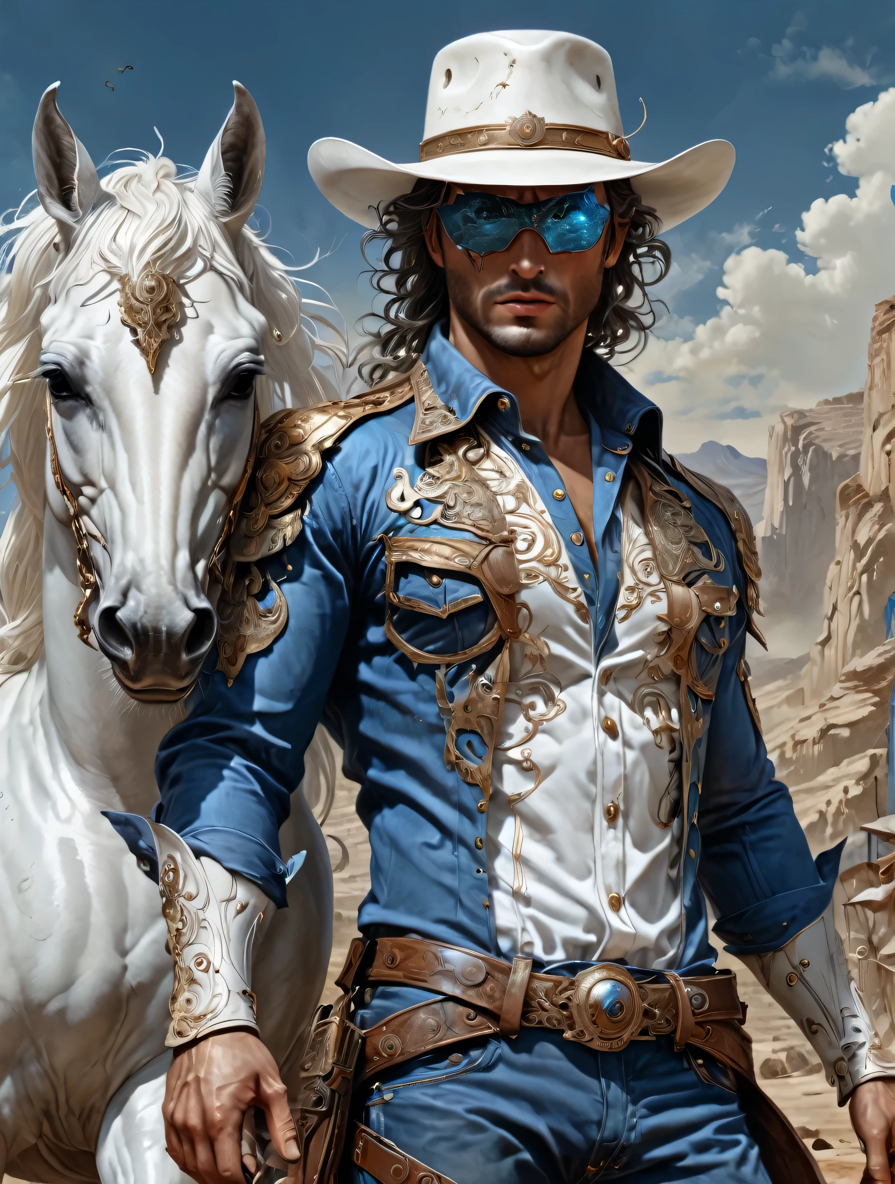 a caucasian Cowboy stuck in the Wild West, with hero mask over eyes, blue shirt, blue pants, white cowboy hat, White horse, masterpiece,kbak style,epic,8k,cinematic,trending on artstation and deviantart,ultra detailed