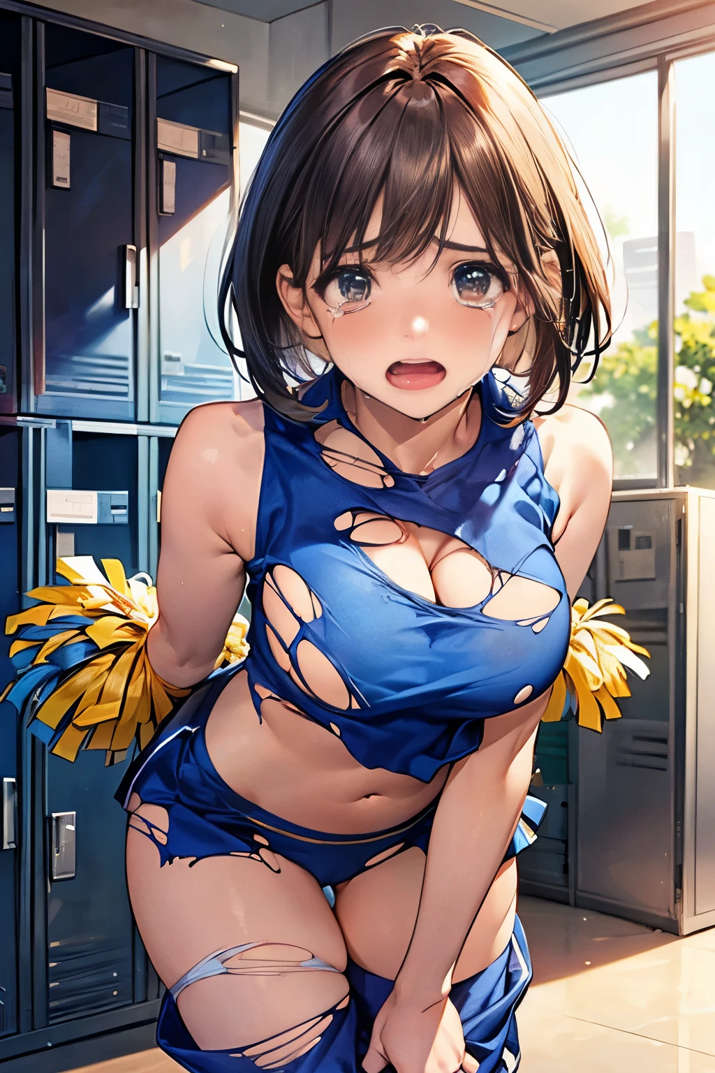 Browsing Caution,(((Perfect Anatomy, Anatomically correct, Very detailedな肌))), 1 girl, Japanese, high School girl, Shiny skin, Observe the audience, ((Back view, From below)), Beautiful Hair, Beautiful Face, Beautiful details, (short hair:1.1, Bobcut:1.2), Dark blonde hair:1, blue eyes, Baby Face, Mole under the eye, Beautiful clavicle, Beautiful body, Beautiful breasts, Big Breasts:0.5, Beautiful thighs, Beautiful legs, Camel Toe, (((Blue Sleeveless Cheerleader:1.2))), ((Thigh-high boots)), Removable sleeve, Captivating thighs, ((Embarrassing, Scared, sad, tears, cry, Half-open mouth)), Are standing, (((Leaning forward), Take off, Raise one leg, Pull on white panties、Pulling down her panties)), (Beautiful views), summer, School, locker room, 8k, highest quality, Masterpiece​:1.2, Very detailed), (Realistic), Beautiful illustrations, Natural light, whole body,