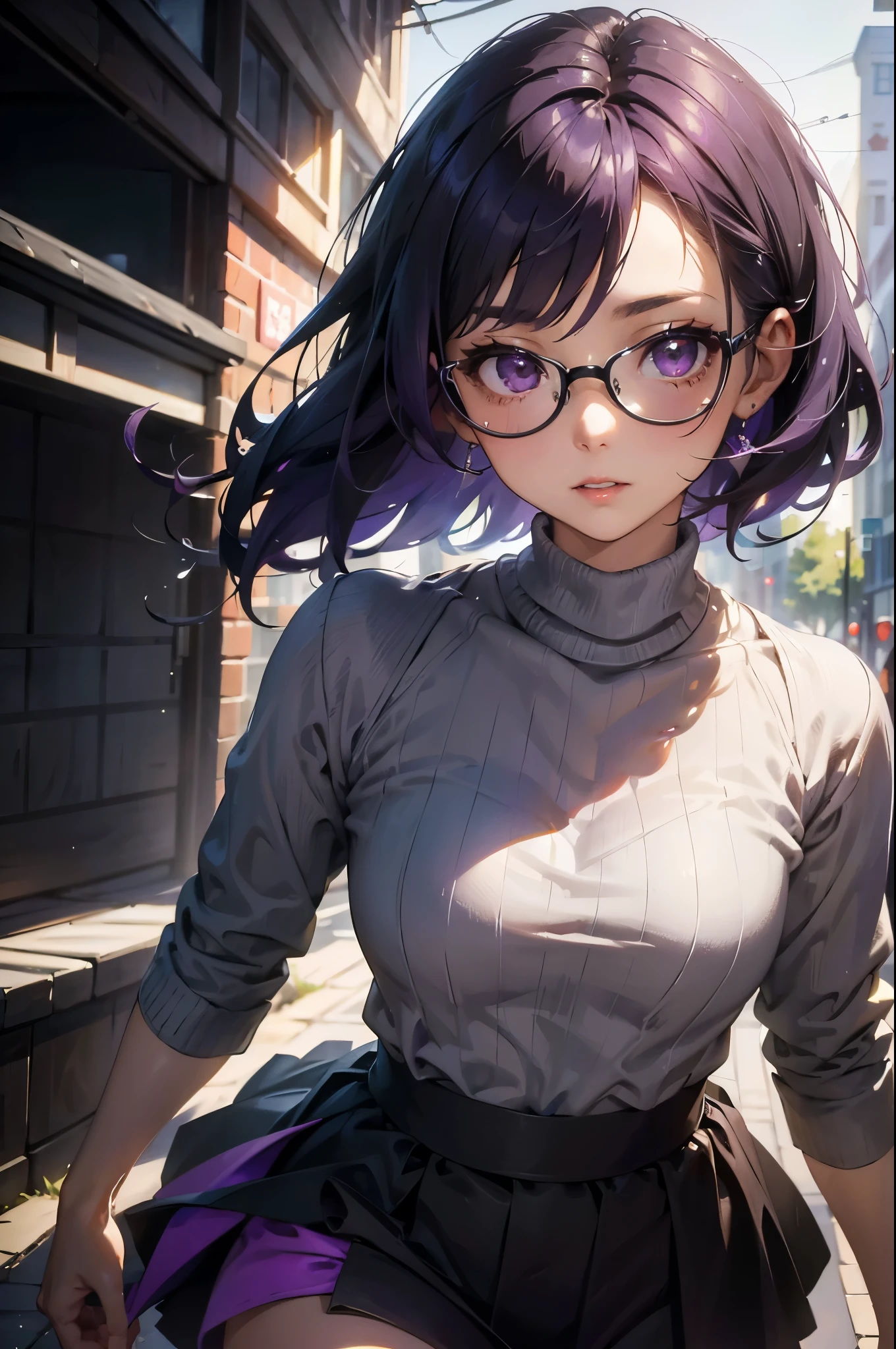 (((完美number,number,Gray sweater, Black skirt, black,(((JMT,Glasses,Purple Hair,short hair,Purple Eyes,Michondev,Purple Eyes,Purple Hair,Medium Length Hair,)))型number:1.7))),((masterpiece)),high resolution, ((Best quality at best)),masterpiece,quality,Best quality,((( Exquisite facial features,looking at the audience,There is light in the eyes,Happy,Interweaving of light and shadow,))),(((looking at camera,black背景,Bend forward)))
