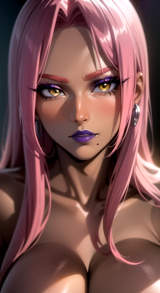 (masterpiece, high res, best quality:1.3) 8K, highly detailed, intricate, colorful, vibrant image, sharp focus, digital blending, 4K, trending on Pixiv Ingrid ((hell outfit)) solo, mature female, 30yo, MILF, curvy (dark skinned female:1.15) dark skin, posing, classroom (caring look:1.2) looking at viewer ((closeup shot, closeup face)) pink hair, very long hair, forehead, hair intakes, purple lipstick, makeup, mole under mouth, yellow eyes, perfect eyes, perfect face, ultra detailed hair, ultra detailed face, earrings, ultra detailed lips, ultra detailed lipstick
