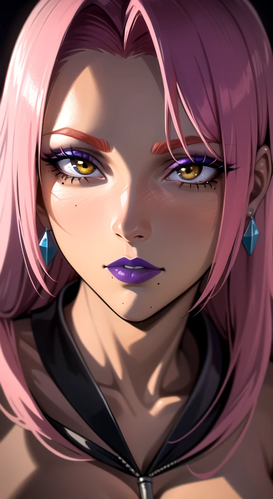 (masterpiece, high res, best quality:1.3) 8K, highly detailed, intricate, colorful, vibrant image, sharp focus, digital blending, 4K, trending on Pixiv Ingrid ((hell outfit)) solo, mature female, 30yo, MILF, curvy (dark skinned female:1.15) dark skin, posing, classroom (caring look:1.2) looking at viewer ((closeup shot, closeup face)) pink hair, very long hair, forehead, hair intakes, purple lipstick, makeup, mole under mouth, yellow eyes, perfect eyes, perfect face, ultra detailed hair, ultra detailed face, earrings, ultra detailed lips, ultra detailed lipstick
